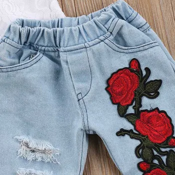 Pudcoco Modes Jauns Zīdainis Bērni Bērniem Meiteņu Mežģīņu T-krekls Topi+Izšuvumi Ziedu Caurumu Džinsa Elsas Jean 2GAB Apģērba Komplekts