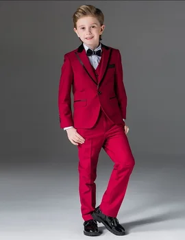 Jaunākais Zēns Tuxedos Maksimālā Atloks, Bērnu Apģērbam, Royal Zils/Sarkans/Melns Mazulis Kāzu/Balles Tērpi, Skaists (Žakete+Veste+Bikses+Kaklasaiti)