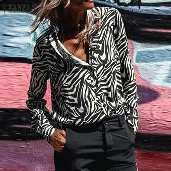 ZANZEA Modes Zebra Blūzes Gadījuma Pavasara garām Piedurknēm Topi, Sieviešu Streetwear Pogu Sieviešu Krekls Ir 2021. Šiks Atloks Blusa Oversize