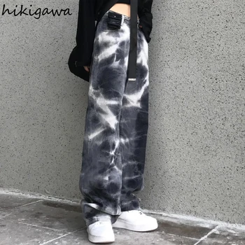 Hikigawa Sieviešu Džinsi Straight Zaudēt Plaša Kāju Bikses korejas Pavasara Augstās Jostasvietas Bikses Streetwear Kontrasta Krāsu Pantalong 7z195
