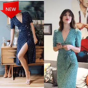 Sieviešu Wrap Poligrāfijas Kleita Vintage New 2020 Ikdienas Īsās Piedurknes Midi Drēbes