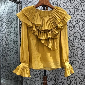 Modes Zīda Tops Blūze, Krekls Ir 2021. Pavasara Vasaras Topi Sievietes, V-Veida Kakla Savirmot Deco Garām Piedurknēm Gadījuma Dzeltena Zila Aprikožu Blūzes