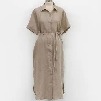 Korejas vienkārši viena-krūšu mežģīnes-up atloks, gara kleita vasaras kokvilnas zaudēt īsām piedurknēm Vintage Ikdienas Veļa Midi Kleitas Femme