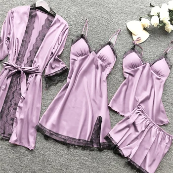 4 Gabals Seksīgas Pidžamas Komplekts Sievietēm Mežģīņu Un Zīda, Satīna Drēbes Mežģīnes Linga Plus Lieluma Sleepwear Homewear Uzvalks Ar Krūšu Spilventiņi