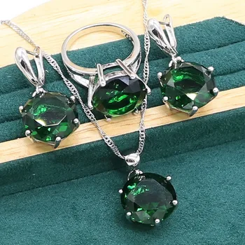 Apaļas Zaļas Emerald 925 Sterling Silver Rotaslietu komplekts Sievietes Puses Aproces Auskari, Kaklarota, kulons, Gredzens, Dzimšanas dienas Dāvana