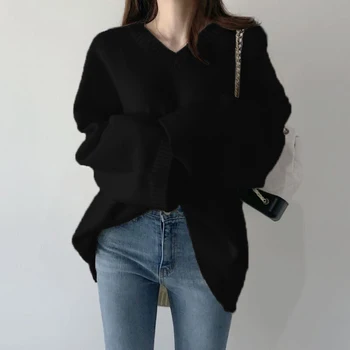 Pavasara Rudens Dāmas Džemperis Zaudēt korejas Sieviešu Džemperis ar garām Piedurknēm Modes Elegantu V-kakla Adīti Džemperi, Topi 2020