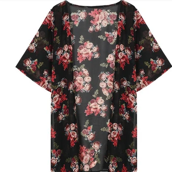 Sieviešu Ikdienas Vintage Kimono Jaka Dāmas 2021. Gada Vasarā Ilgi Tamborēt Šifona Kimono Vaļēju Floru Iespiesti Blūze Tops Melna