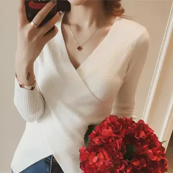 Blūze adīta jaka sieviešu 2018 jaunu modes vītne garām piedurknēm dziļu V slim rudens džemperis korejas sexy gadījuma plānas pavasara džemperi