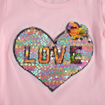 OPPERIAYA 2gab Baby Meitenes Ikdienas Tērps Apaļu Kakla Īsām Piedurknēm Vizuļi Sirds Print T-krekli tīrtoņa Krāsu Elastīgi Šorti Ikdienas Dzīvē