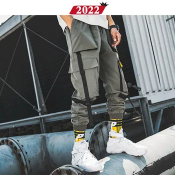 Hip Hop Lentes Kravas Bikses Vīriešu Joggers Bikses Streetwear Vīriešiem 2020. Gadam, Modes Mens Elastīgs Viduklis Elsas Lentes Kokvilnas Melna