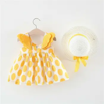 Zīdaiņu Bērnu Meitene bez Piedurknēm Kleita Dzeltena Spārnus Atpakaļ Polka Dot Siksna Sundress ar Sunhat Tērpiem