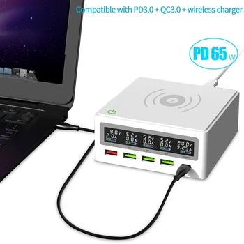PD3.0 + QC3.0 Ātru Bezvadu Lādētāju 5 USB Porti, 65W par PD Klēpjdatoru Uzlādēšanas Doka Staciju, Nospiediet Slēdzi ES Plug