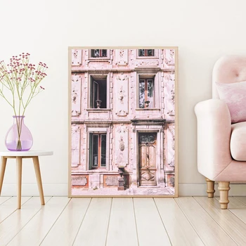 Parīzes Klasisko Arhitektūru, Drukāt Rozā Durvju Foto Blush Pink House Franču Ēkas Kanvas Glezna Ceļojumu Foto Plakātu Sienas Dekori