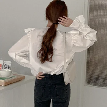 Japānas Stila Blūze Pavasara Rudens Zaudēt Gadījuma Korejas Modes Vienkāršs Karstā Pārdošanas Krokas Savirmot Uzliesmoja Piedurknēm, Apaļu Kakla Tīrtoņa Krāsu