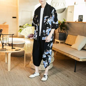 Melnās Dzērves Vīriešu Kimono Jaka Uzvalks Ķīniešu Stilā Tang Uzstādīt Hanfu Vintage Japāņu Samuraju Apģērbu Gadījuma Zaudēt Yukata Drēbes