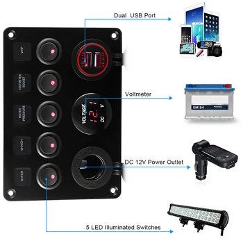 5 Banda ON-OFF tumblerus Panelis 4.2 Dual USB Lādētāja Ligzda LED Voltmetrs piepīpētāja 12V Automašīnas Jūras Laivu Slēdzi Panelis