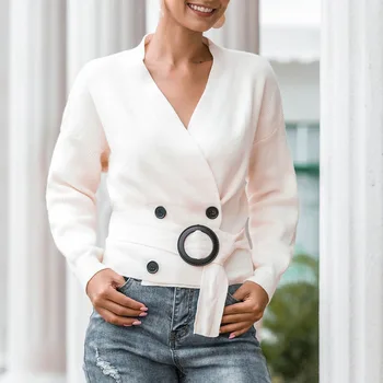 Sieviešu Pavasara Rudens Gadījuma divrindu adīt īss džemperis vienkrāsainu Modes Topi