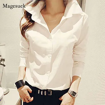 Vintage Korejiešu Style Long Sleeve Šiks Atloks Blūze Sieviešu Rudens Biroja Dāma Slim Zemāko Baltu Kreklu Pogu Ikdienas Topi 12653