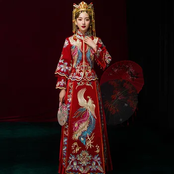 FZSLCYIYI Vīna Sarkana Ķīniešu Līgava Kāzu Kleitu Izsmalcinātu Phoenix Izšuvumi Cheongsam Eleganta Laulību Qipao Uzvalks Vakara Tērpi