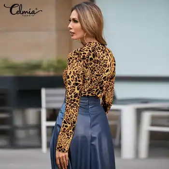 S-5XL Sievietes Sexy Blūzes Celmia garām Piedurknēm Leopards Drukāt Krekli Modes Gadījuma O-veida Kakla Tunika Topi Elegants Puse Blusas Plus Lieluma