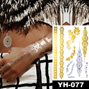 Ūdensnecaurlaidīgus Pagaidu Tetovējumu Uzlīmes, Metālisks Zelts, Sudrabs Mandala Rokas Fatima Spalvu Flash Tatto Hennas Ķermeņa Mākslas Viltus Tetovējums