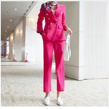 Jaunu karstā sieviešu sieviešu rozā divrindu uzvalks divdaļīgs kostīms (jaka + bikses) sieviešu uzņēmējdarbības oficiāls biroja uzvalkā