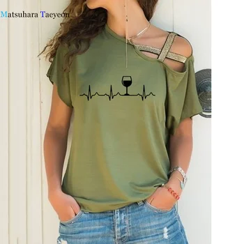 Elektrokardiogrammas Sieviešu T Smieklīgi Stikla Print T-krekls Sievietēm Kokvilnas T Krekls Sievietēm Sexy Slīpu Plecu Tops Sievietēm 2020 Jaunas
