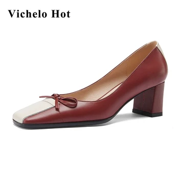 Vichelo Karstā īstas ādas kvadrātveida kājām augstiem papēžiem jauktas krāsas tauriņš-mezgls korejas iela jaukas meitenes, iepazīšanās sievietēm, sūkņi L74