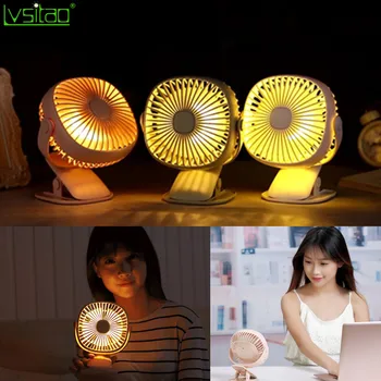 Portatīvie Galda Mini Clip Ventilators ar LED gaismas silta nakts gaisma USB lādējamu Regulējams 360 Rotējoša galda lampas statīvs ar gaisa dzesētāju