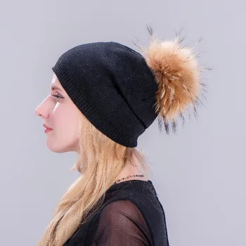 2020 Rudens Ziemas Kašmira Adīta Cepure Sieviešu Vilnas Cepure Ar Nekustamo Fox Kažokādas Pompom Modes Gilrs Siltu Kažokādas Beanie Vāciņi