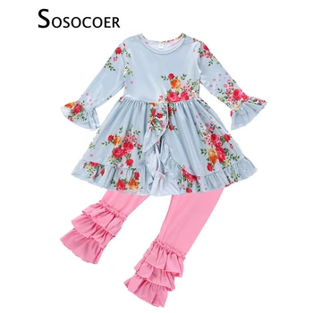 SOSOCOER Meitenes Apģērbu Komplekts 2018. Gadam Pavasara Rudens Modes Svītrains Sirds Kleita+Zieds Bikses 2gab Bērniem, Baby Girl Apģērbu Apģērbu Komplekti