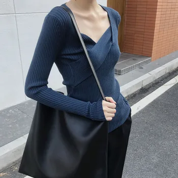Izveidoju Pavedienu Korejiešu Stilā, Krusta Gadījuma Šiks Džemperis Sieviešu Džemperis Rudens Ziemas High Street Asimetrisks Slim Džemperis Sieviete Top