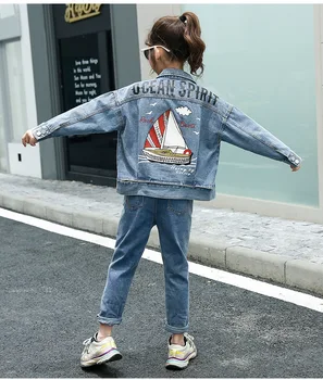 Meitenes, pavasaris un rudens, jaunas džinsa jaka maz meitene ar garām piedurknēm karikatūra alfabēta modelis kokvilnas gadījuma sporta džinsa jaka top
