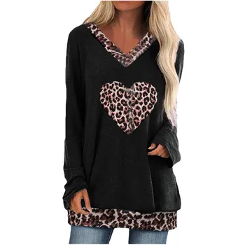 60#Sieviešu Modes Gadījuma Leopard Mīlestība Drukāt V-veida Kakla ar garām Piedurknēm Brīvs T Krekls, Tops sievietēm, vasaras женские футболки футболка