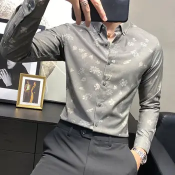 Korejas Modes Drukāt garām Piedurknēm Kleita Krekli Vīriešu Apģērbu, Ir 2021. Nakts Klubs Slim Fit Uzvalku Gadījuma Puse/Balli Blūze Homme 3XL-M