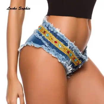 Zems viduklis Sexy Sieviešu džinsi džinsa bikses ir 2021. Vasaras džinsa kokvilnas caurumu dārgakmens Līmēšana Dāmas Izdilis Sexy super īsi džinsi
