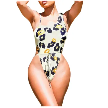 Dāmas Bez Piedurknēm Cilpas Push Up Polsterējumu Strappy Siāmas Peldkostīmu Modes Sexy Leopard Print Plus Lūpu Print Viengabala Bikini