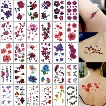 30pcs /set Ziedu Rožu Ūdensnecaurlaidīgus Pagaidu Tetovējumu Uzlīmes Pieaugušajiem, Bērniem, Body Art Sieviešu Jaunā Dizaina Ūdens Nodošanu Ledusskapis uzlīme