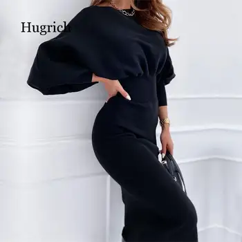 Modes O-Veida Kakla Garām Piedurknēm Zīmuli Sieviešu 2020 Rudens Ziemas Melna Rozā Bodycon Elegants Birojs Sieviete Kleitas, Drēbes Femme
