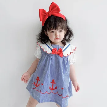 Mazulis meiteņu drēbes 2020. gada vasaras Anchor izšūšanas vertikālu svītru rakstu karikatūra navy stila kleita