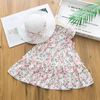 Jaunajā 2020. gada Vasaras Baby Girl Dress Bērnu Piedurknēm Savirmot Ziedu Iespiesti Kūka Kleita+Gluda Veļa Salmu Cepure, Apģērbs Uzstādīt Y2