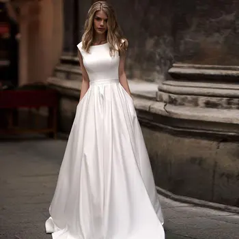 Vienkārši Ziloņkaula baltā satīna kāzu Kleita Ir 2021. Drēbes De Viesībās, longue Oficiālu Abito Da Sposa līgava ir атласное платье Ar kabatas