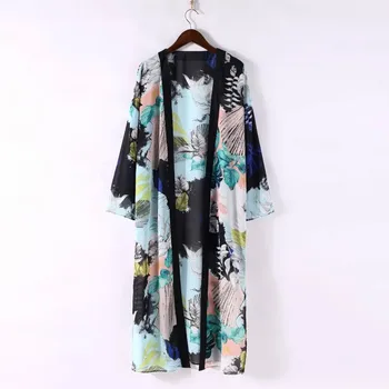 2018 Sieviešu Vintage Ziedu Zaudēt Šalle Kimono Jaka Boho Iespiesti Šifona Blūze Beach Bikini Uz Augšu, Topi Garš Krekls Apģērbi