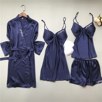 Sexy Tumši Zila Sieviešu 4GAB Kimono Drēbes Tērpu Komplekts Siksna Tops ar V-veida Kakla Naktskrekls Intīmas Apakšveļa Peldmētelis Jaunā Pavasara Vasaras Homewear