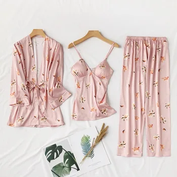 Pavasara Sieviešu Pidžamas Komplekti Drēbes+Siksna+Bikses 3Pc Uzstādīt Sexy Pyjama Satīns Print Naktsveļu Zīda Negligee Sleepwear Pyjama