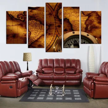 5 panelis Zelta Pulksteni Karte Joprojām ir Dzīvi Sienas Gleznojums Mājās Dzīvojamās Istabas Sienu Apdare Drukāt Attēlu Audekls