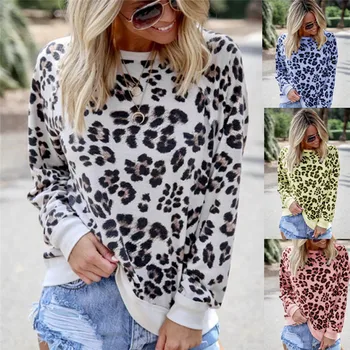 Modes Sievietes Leopard Print T-Krekli Lielgabarīta garām Piedurknēm Gadījuma Tee Zaudēt Rudenī, Topi Dāmas O-veida Kakla T-Krekls Plus Izmēra 5XL