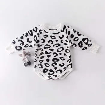 Pavasara Rudens Bērns Meiteņu Kombinezonus Bērnu Apģērbu Bodysuit Garām Piedurknēm Leopards Drukāt Adīt Džemperis Zīdaiņu Kombinezonus Meitenēm Jumpsuit