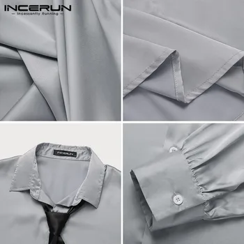 INCERUN vienkrāsainu Vīriešu Krekls Ir 2021. Savukārt Apkakle ar garām Piedurknēm Pogas Camisa Mīksti Topi, Streetwear korejiešu Stila Kreklos Ar Kaklasaiti