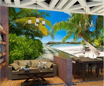 Pludmales Skats uz Jūru Foto Fona Lieli Gleznojumi 3D Kokosriekstu Koki Koka Tilts, Dzīvojamā Istaba Guļamistaba Fons, Foto Tapetes